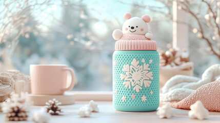 Charming pastel winter scene featuring cute polar bear thermos bottle with snowflake design, cozy pink mug, and festive decorations by bright window, evoking warmth and holiday cheer.