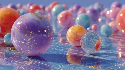 Close-up of colorful, translucent spheres on a grid surface, with golden speckles
