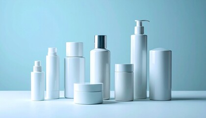 "Show a collection of white cosmetic containers&mdash;pump bottles, squeeze tubes, jars&mdash;on neutral background with minimalist design."