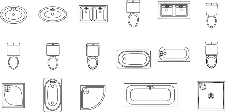 Architectural illustration of bathroom fixtures, featuring sinks, toilets, and bathtubs. A technical blueprint for bathroom design. 
