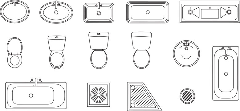 A collection of architectural line drawings showcasing a variety of bathroom fixtures, perfect for interior design and architectural projects.