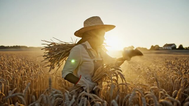 Woman in straw hat harvesting golden wheat bundles during sunset