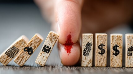 Finger stopping dominoes, each with a financial symbol, potentially showing cause/effect & risk