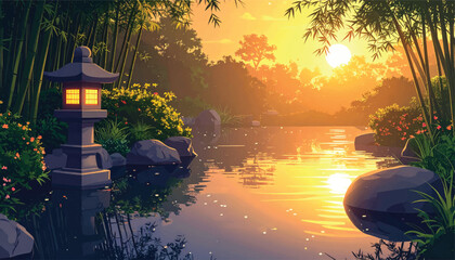 Golden sunrise lake with lantern for meditation app hero screens. Japanese garden dawn reflection ideal for spa branding visuals. Warm bamboo waterscape perfect for luxury wellness campaigns