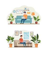 Flat vector illustration of a workspace with a laptop and diagrams 