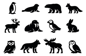 Obraz premium Minimalist silhouette icon arctic animals set featuring polar bears, penguins, seals, and moose for wildlife themes
