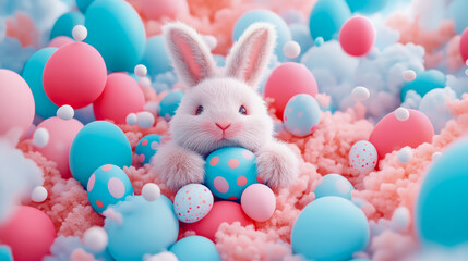 Fototapeta premium Whimsical 3D render of cute fluffy baby rabbit cradling spotted blue Easter egg, surrounded by abundance of matte pastel pink and cyan spheres and textured cotton candy fluff.