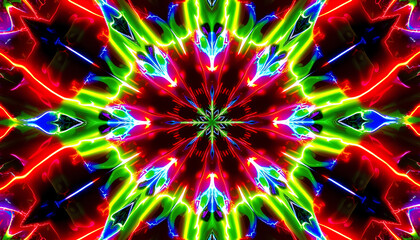 Kaleidoscope-style lightning patterns in neon colors, geometric symmetry, vibrant futuristic aesthetic, perfect for abstract backgrounds 2