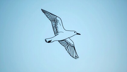 "Show a line drawing of bird in flight with extended wings and detailed feathers, superimposed on serene sky background."