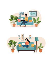 Flat vector illustration of a workspace with a laptop and diagrams 