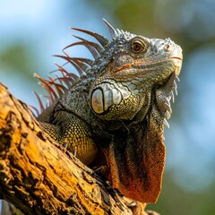 Close-up of a green iguana perched on a branch against a blurred background of blue sky and green foliage