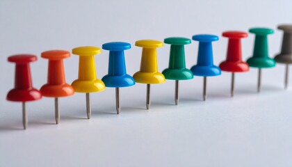"Show a row of ten colorful push pins&mdash;red, yellow, blue, green, gray&mdash;upright on white surface, evenly spaced."