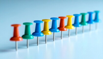 "Show a row of ten colorful push pins&mdash;red, yellow, blue, green, gray&mdash;upright on white surface, evenly spaced."