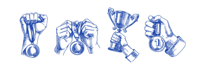 Vintage sketch sport trophy, award, cup and medal set. Winner concept. Hand drawn isolated vector illustration.