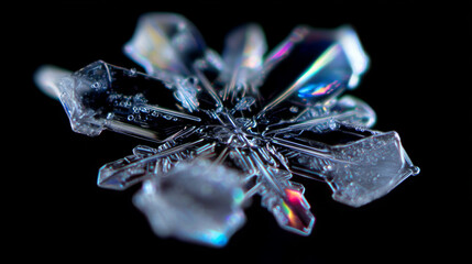 Close up snowflake macro, delicate crystal structure, winter, frozen, detailed, black background