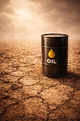 Geo-economic symbolism, USA Venezuela conflict oil and gold tension Black Oil Barrel on Cracked Earth Under Dramatic Sky at Dusk