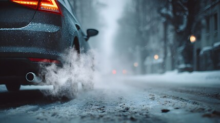 Car exhaust pipe emits thick white steam on cold winter street showing low angle view and snowy pavement texture in realistic style.