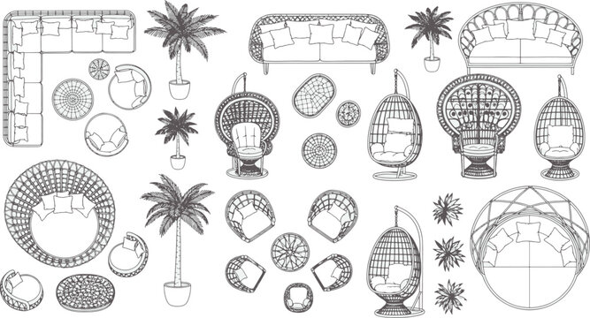 An exquisite overhead perspective of outdoor furniture, meticulously presented in elegant line art, offering a detailed glimpse of seating options.