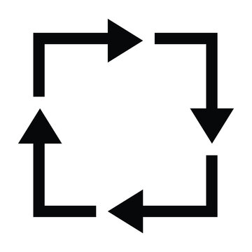 Minimal black vector icon featuring four directional arrows forming a square loop, symbolizing rotation, cycle, process flow, synchronization, and continuous movement. Clean geometric design for stock