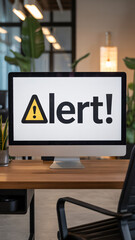 Computer monitor screen displaying "ALERT!" text with warning icon in modern office