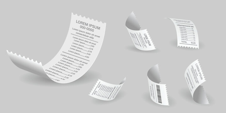 High-quality 3D rendered illustration featuring a set of floating and curled paper receipts, designed as a realistic thermal bill mockup. 