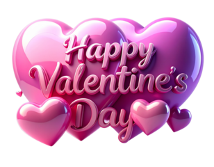 Happy Valentine’s Day Typography with Glossy 3D Hearts Transparent Background.