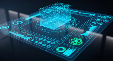 Abstract digital data cube display on transparent background with technical interface