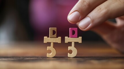 A mana??s hand creating a balance of gender equality symbols using small wooden blocks, symbolizing fairness and societal progress
