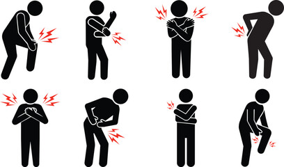 Various body parts pain vector, illustration, medical silhouette set.