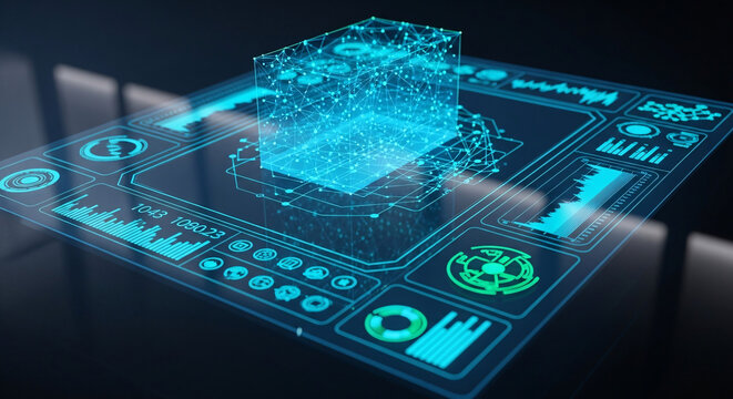 Abstract digital data cube display on transparent background with technical interface - Powered by Adobe