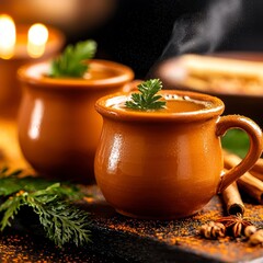 Warm Spiced Beverage in Rustic Clay Mugs with Cinnamon and Star Anise