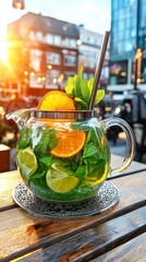 Refreshing Citrus Mint Summer Drink in Pitcher on Outdoor Cafe Table at Sunset