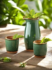 Fresh Mint Tea in Rustic Green Ceramic Cups and Pitcher on Wooden Table Outdoors