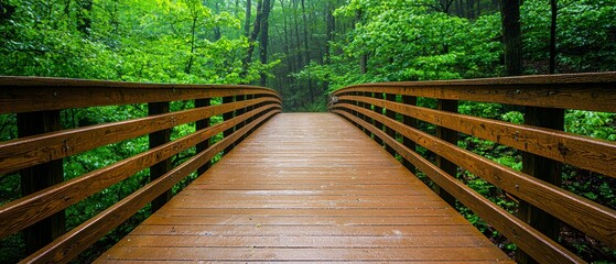 Rain-Kissed Wooden Bridge Winding Through Lush Green Forest