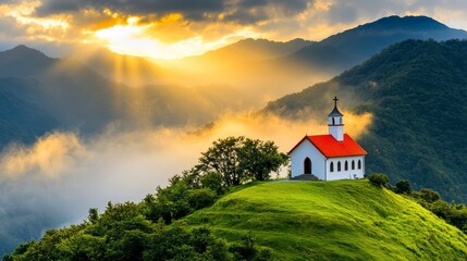 Serene Mountain Chapel at Golden Sunrise in Misty Landscape