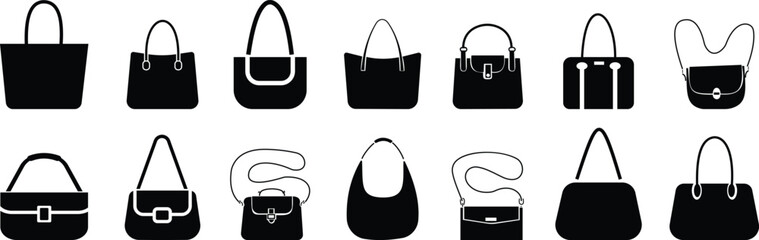 Women handbag icons set collection with purse bag tote clutch shoulder styles in flat and line design, fashion accessory outline illustration group for shopping retail UI branding