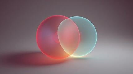 Intersecting red and blue translucent spheres with volumetric overlap create glowing Venn diagram effect on neutral background, evoking sense of harmony and balance