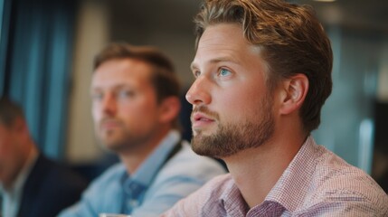 Business meeting young men focus professional teamwork office discussion collaboration modern workspace corporate finance startup pitch