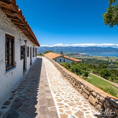 Idyllic Mediterranean Coastal Landscape with Traditional White Stone Building and Scenic Mountain Sea View on a Sunny Day