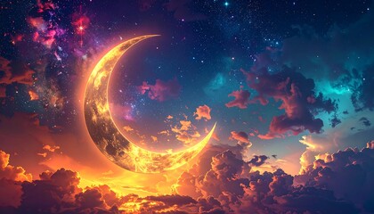 Vibrant Crescent Moon in Night Sky.