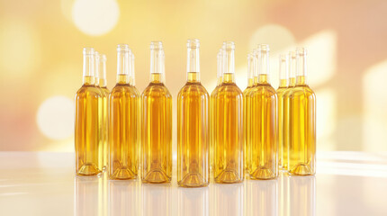 A row of clear glass vials filled with a golden liquid are arranged on a white surface with a soft light effect behind them