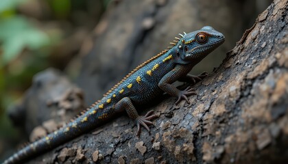 Fototapeta premium Colorful Lizard Perched on a Branch in a Tropical Forest Environment with Rich Foliage