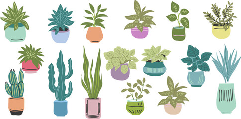 Flat pastel vector set of indoor potted plants and succulents — assorted houseplants, cacti, and foliage in decorative pots for botanical designs, home decor, stickers, and social media graphics. © Dino
