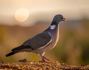 A close-up side profile of a pigeon, perched outdoors, captured against a warm, soft sunset glow