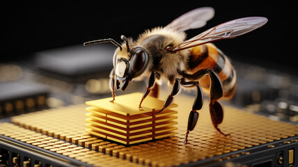 Bee and Chip: A close-up shot revealing a bee perched atop a circuit board. This image merges the natural world with technological innovation.