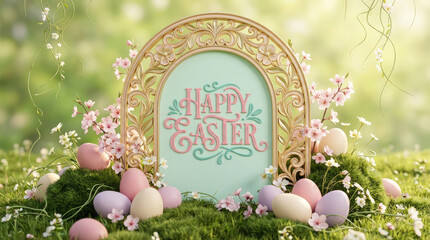 Ornate gold frame surrounds a light center with pink flowers and green foliage at the base in an outdoor setting