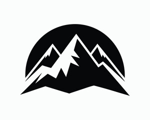 Black silhouette of mountains within a semi-circle on white background peaks mountain range