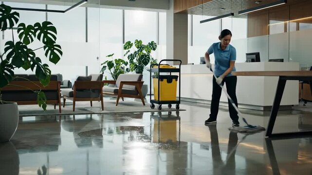 Woman mops a wet reflective office floor next to a cleaning cart