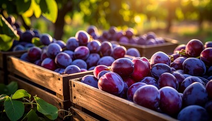 Fresh Plums in Wooden Crates Orchard.