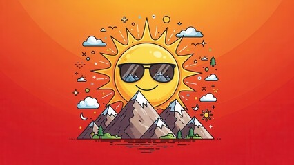 This cheerful cartoon illustration features a smiling sun wearing sunglasses, symbolizing happiness, positivity, summer vibes, and relaxation. The playful design conveys warmth, fun, and good energy, 